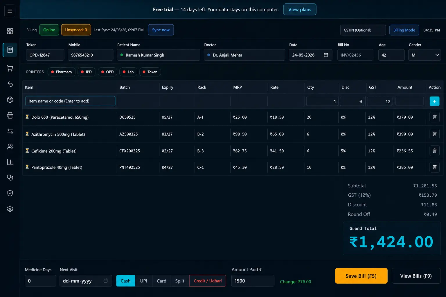 Hayati billing counter offline — real product interface with disconnected sync status